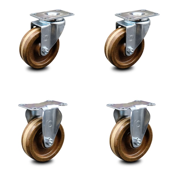 4 Inch High Temp Phenolic Wheel Swivel Top Plate Caster Set with 2 Rigid SCC